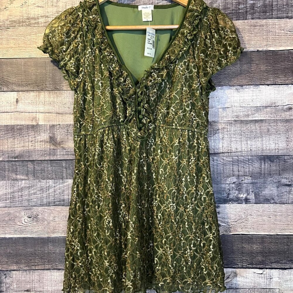 NWT Vintage Y2K Studio Y Green Lace Babydoll Top M Fairy Renaissance Fairycore